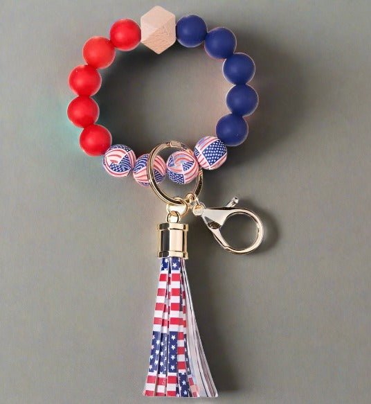 American Flag Wristlet Keychain Bracelet Silicone Beads