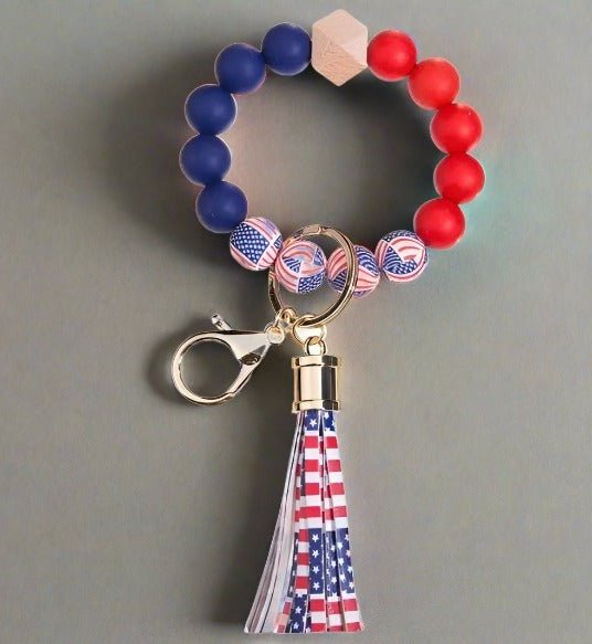 American Flag Wristlet Keychain Bracelet Silicone Beads