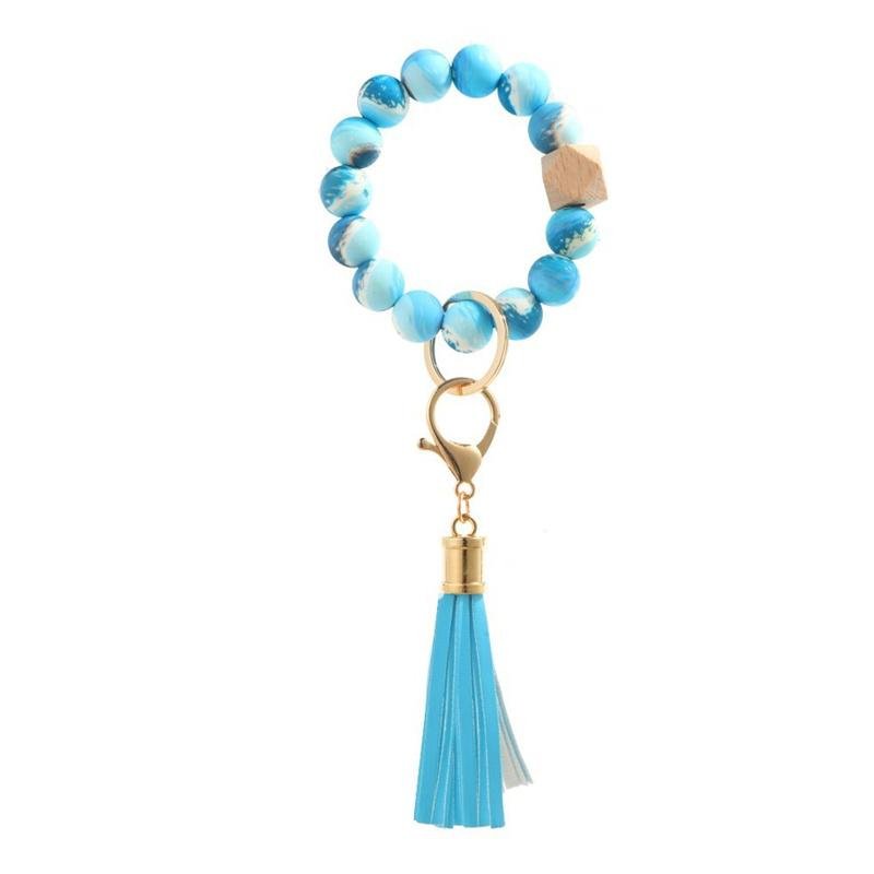 Blue Marble Keychain Bracelet Beaded Wristlet Silicone